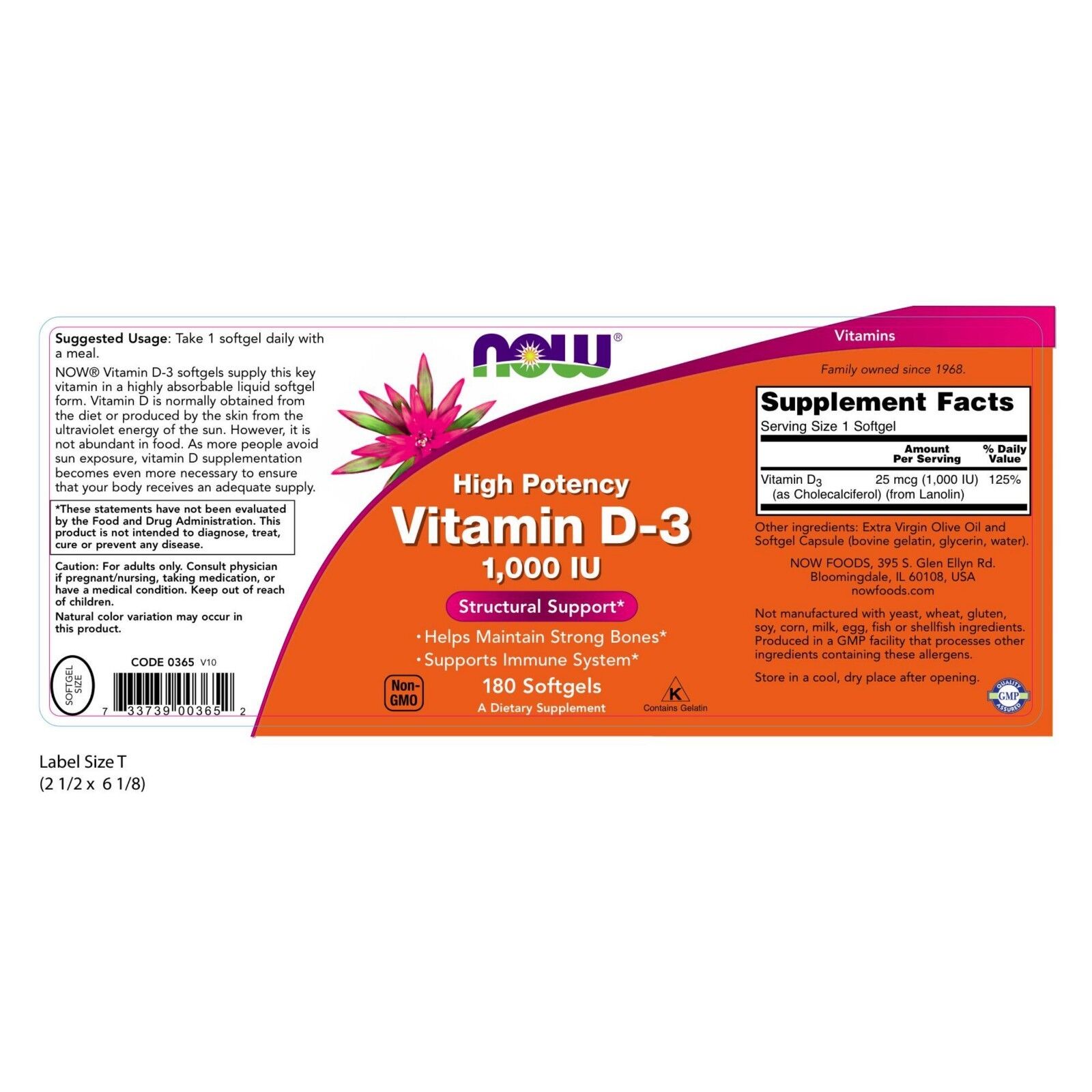 NOW Foods Vitamin D-3, 1000 IU, 180 Softgels 24Hr Smart